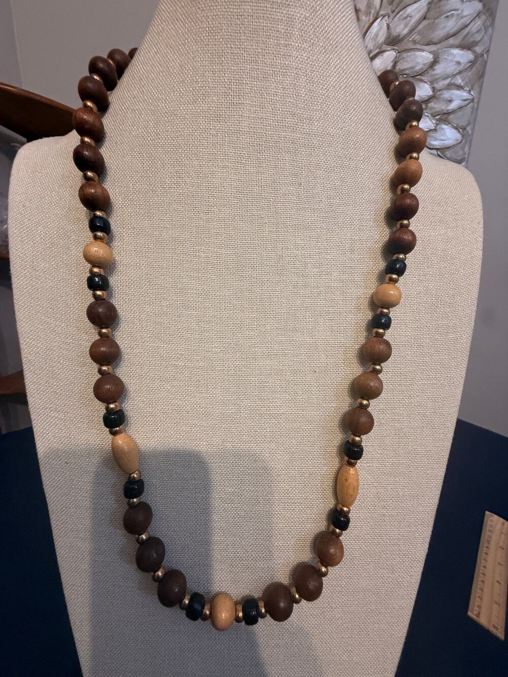 Vintage 30” Mixed Wood Bead Barrel Clasp Necklace